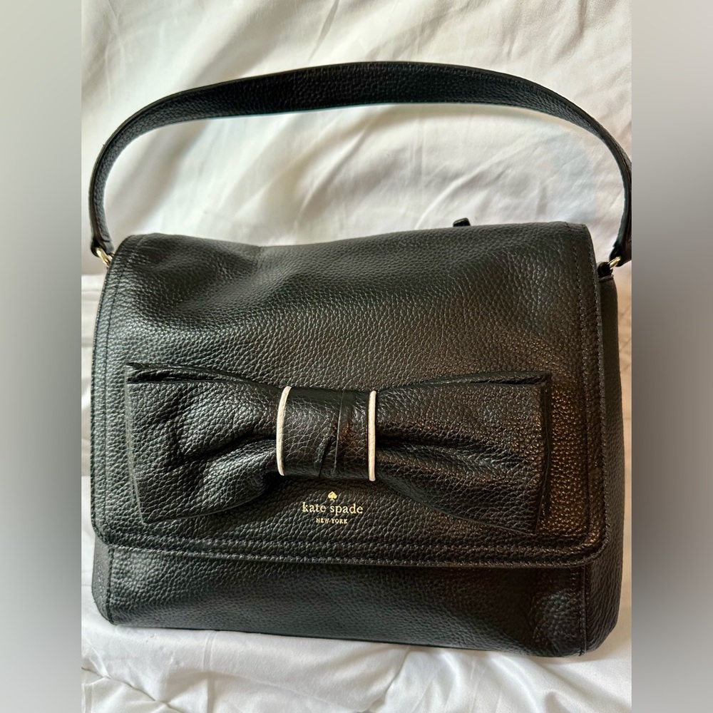 Kate Spade black pebbled leather bow tie handbag & matching bow tie large wallet